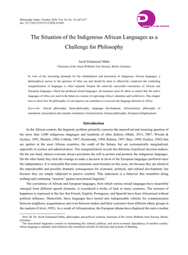 The Situation of the Indigenous African Languages As a Challenge for Philosophy