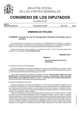 121/000038 Proyecto De Ley De Presupuestos Generales Del Estado Para El Año 2019