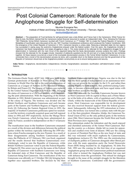 Post Colonial Cameroon: Rationale for the Anglophone Struggle for Self-Determination