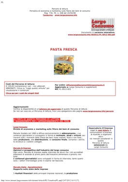 Mercato Italia Pasta Fresca: Consumi, Produzione, Distribuzione E