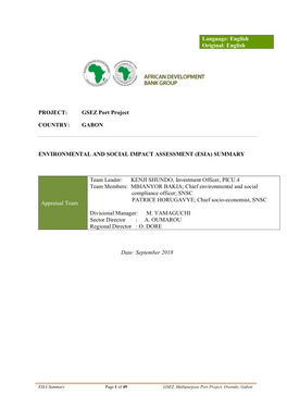 GSEZ Port Project COUNTRY: GABON ENVIRONMENTAL and SOCIAL IMPACT ASSESSMENT