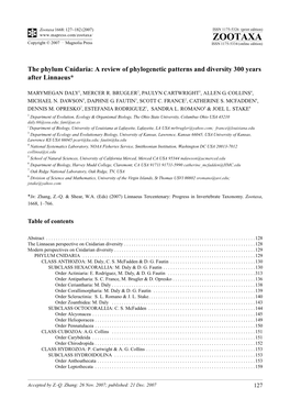 Zootaxa,The Phylum Cnidaria: a Review of Phylogenetic Patterns and Diversity 300 Years