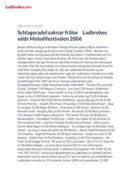 Schlageradel Saknar Frälse Ladbrokes Odds Melodifestivalen 2006