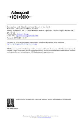 Conversation with Milan Kundera on the Art of the Novel Author(S): Linda Asher and Milan Kundera Source: Salmagundi, No