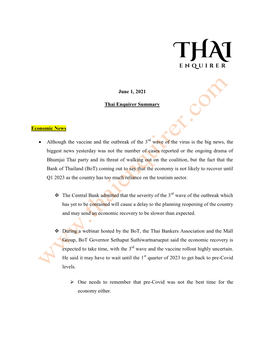 June 1, 2021 Thai Enquirer Summary Economic News