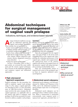 Abdominal Techniques for Surgical Management of Vaginal Vault Prolapse