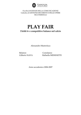 Play Fair. Calcio, Diritti Tv E Competitive Balance