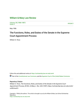 The Functions, Roles, and Duties of the Senate in the Supreme Court Appointment Process