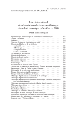 Index International Des Dissertations Doctorales En Théologie Et En Droit Canonique Présentées En 2006