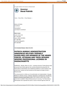 Administration Announces Military Friendly Guidelines for Members of the Armed Forces, Veterans and Their Spouses Seeking Professional Licenses in Massachusetts