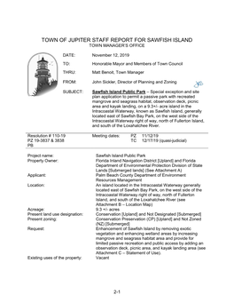 Town of Jupiter Staff Report for Sawfish Island Town Manager’S Office