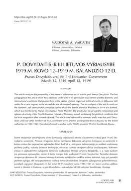 P. Dovydaitis Ir III Lietuvos Vyriausybė 1919 M. Kovo 12–1919 M