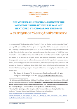 A Critique of Yāsir Qādhī's Theoryy1 Y1