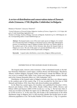 A Review of Distribution and Conservation Status of Zamenis Situla (Linnaeus, 1758) (Reptilia: Colubridae) in Bulgaria