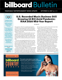 U.S. Recorded Music Business Still Growing (A Bit) Amid Pandemic