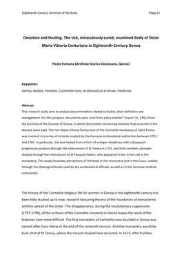 Devotion and Healing. the Sick, Miraculously Cured, Examined Body of Sister Maria Vittoria Centurione in Eighteenth-Century Genoa