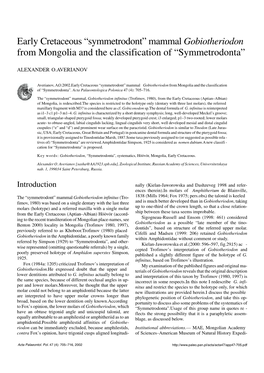 Early Cretaceous “Symmetrodont” Mammal Gobiotheriodon from Mongolia and the Classification of “Symmetrodonta”