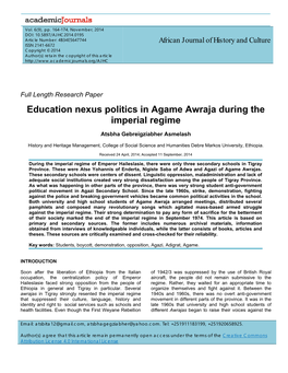 Education Nexus Politics in Agame Awraja During the Imperial Regime