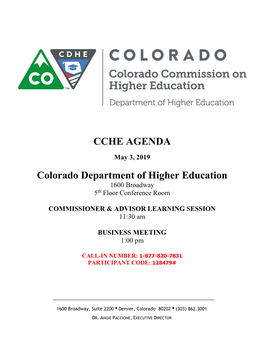 CCHE AGENDA Colorado Department of Higher Education