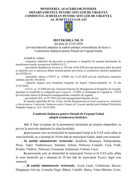 51 Din Data De 22.05.2020 Privind Măsurile Adoptate În Cadrul Şedinţei Extraordinare De Lucru a Comitetului Judeţean Pentru Situaţii De Urgenţă Galaţi