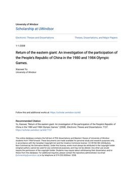 Return of the Eastern Giant: an Investigation of the Participation of the People's Republic of China in the 1980 and 1984 Olympic Games