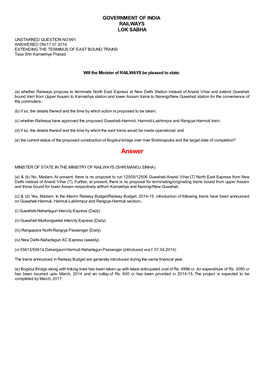 ANSWERED ON:17.07.2014 EXTENDING the TERMINUS of EAST BOUND TRAINS Tasa Shri Kamakhya Prasad