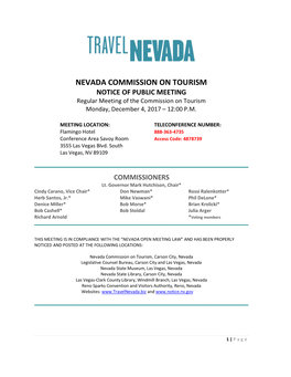 NEVADA COMMISSION on TOURISM NOTICE of PUBLIC MEETING Regular Meeting of the Commission on Tourism Monday, December 4, 2017 – 12:00 P.M