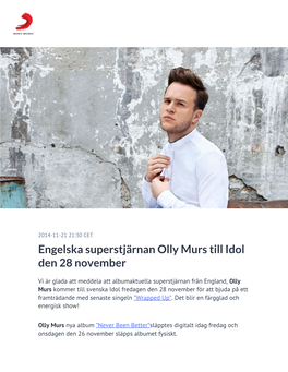 ​Engelska Superstjärnan Olly Murs Till Idol Den 28 November