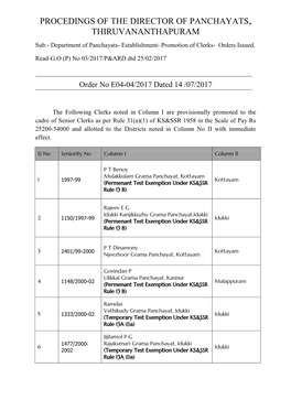 PROCEDINGS of the DIRECTOR of PANCHAYATS, THIRUVANANTHAPURAM Sub:- Department of Panchayats- Establishment- Promotion of Clerks- Orders Issued
