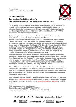 LAAX OPEN 2021: Top Starting Field at This Winter’S First Snowboard World Cup from 19-23 January 2021
