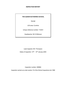 INSPECTION REPORT the QUEEN KATHERINE SCHOOL Kendal LEA