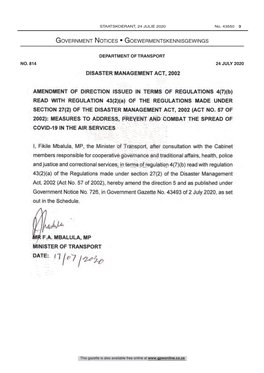 Disaster Management Act: Measures to Prevent and Combat the Spread of Coronavirus COVID-19 in Air Services: Amendment