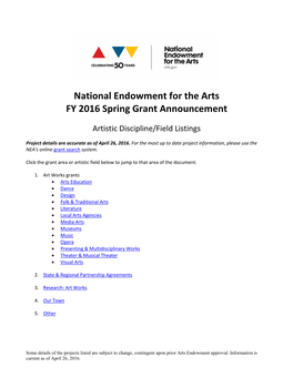 National Endowment for the Arts FY 2016 Spring Grant Announcement