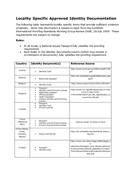 Locality Specific Approved Identity Documentation