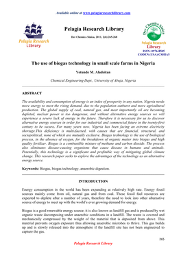 The Use of Biogas Technology in Small Scale Farms in Nigeria