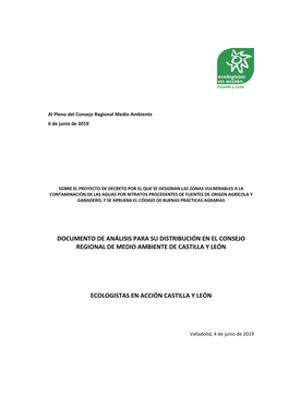 Documento De Análisis Para Su Distribución En El Consejo Regional De Medio Ambiente De Castilla Y León