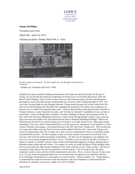 Emma Mcmillan Ornament and Crime March 4Th - April 1St, 2018 Opening Reception: Sunday March 4Th, 6 - 8 Pm