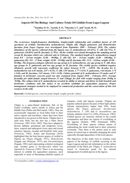 Aspects of the Biology and Culture Trials of Cichlids from Lagos Lagoon