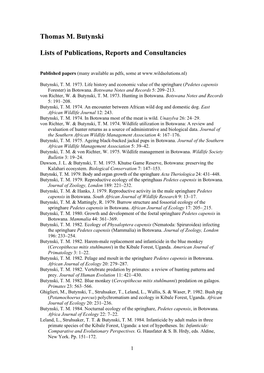 Publications, Unpublished Reports and Consultancies of Thomas M. Butynski