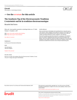 The Southern Tip of the Electroacoustic Tradition L’Extrémité Sud De La Tradition Électroacoustique Ricardo Dal Farra