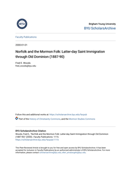 Norfolk and the Mormon Folk: Latter-Day Saint Immigration Through Old Dominion (1887-90)