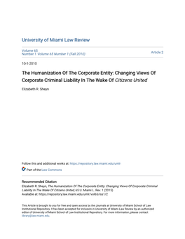 Changing Views of Corporate Criminal Liability in the Wake of Citizens United