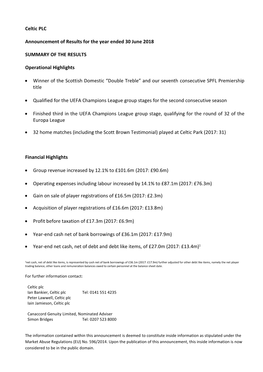 Celtic PLC Announcement of Results for the Year Ended 30 June 2018