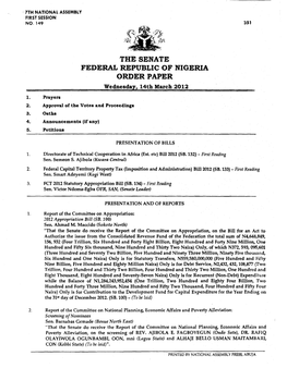 FEDERAL REPUBLIC of NIGERIA ORDER PAPER Wednesday