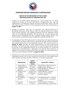 Notice to the Depositors of the Closed New Rural Bank of Tagkawayan, Inc