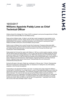 16/03/2017 Williams Appoints Paddy Lowe As Chief Technical Officer