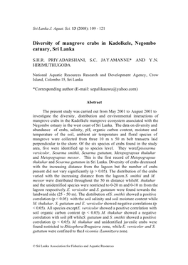 Diversity of Mangrove Crabs in Kadolkele, Negombo Eatuary, Sri Lanka