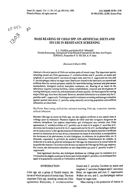 MASS REARING of CHILO SPP. on ARTIFICIAL DIETS and ITS USE Iiv RESISTANCE SCREENING