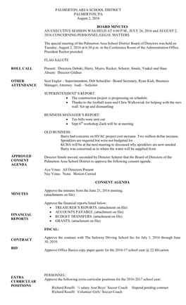 PALMERTON AREA SCHOOL DISTRICT PALMERTON, PA August 2, 2016 ROLL CALL OTHER ATTENDANCE APPROVED CONSENT AGENDA MINUTES FINANCIAL