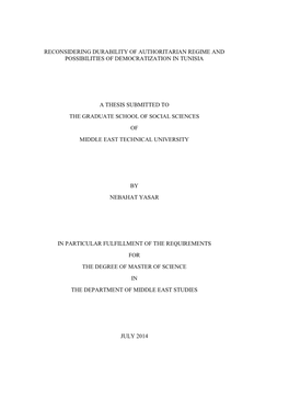 Reconsidering Durability of Authoritarian Regime and Possibilities of Democratization in Tunisia